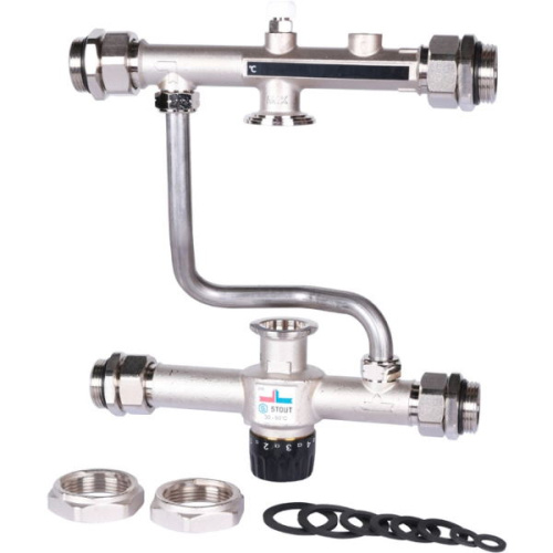 насосно-смесительный узел stout с термостатическим клапаном и байпасом 30-60°c без насоса