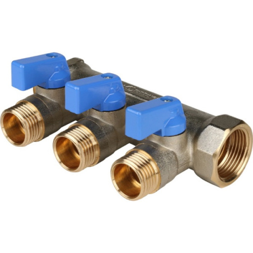коллектор распределительный stout с кранами 3/4" 3 отвода 1/2" синие ручки
