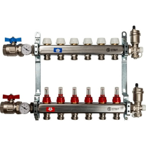 Коллектор STOUT нержавейка в сборе с расходомерами 11 выходов коллектор stout нержавейка в сборе с расходомерами 11 выходов