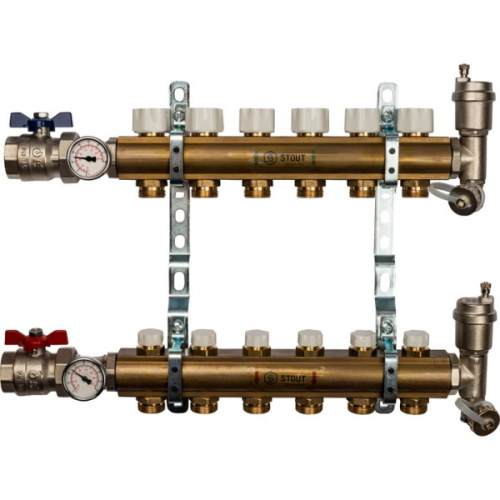 Коллектор STOUT латунь в сборе без расходомеров 9 выходов коллектор stout латунь в сборе без расходомеров 9 выходов