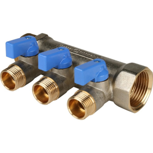 коллектор распределительный stout с кранами 1" 3 отвода 1/2" синие ручки