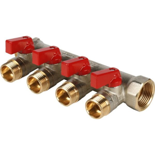 коллектор распределительный stout с кранами 3/4" 4 отвода 1/2" красные ручки