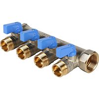 коллектор распределительный stout с кранами 3/4" 4 отвода 1/2" синие ручки