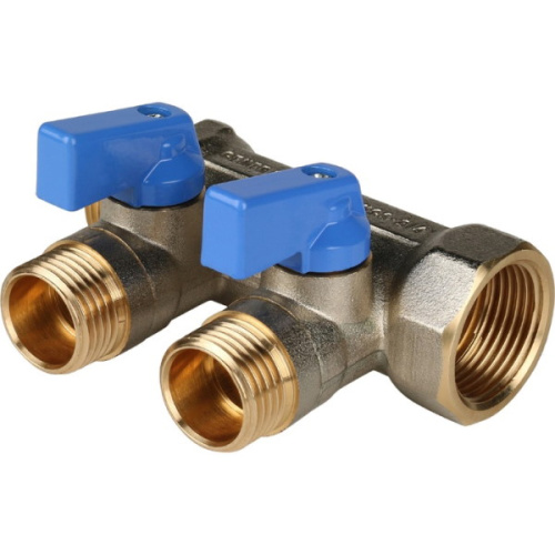 коллектор распределительный stout с кранами 3/4" 2 отвода 1/2" синие ручки