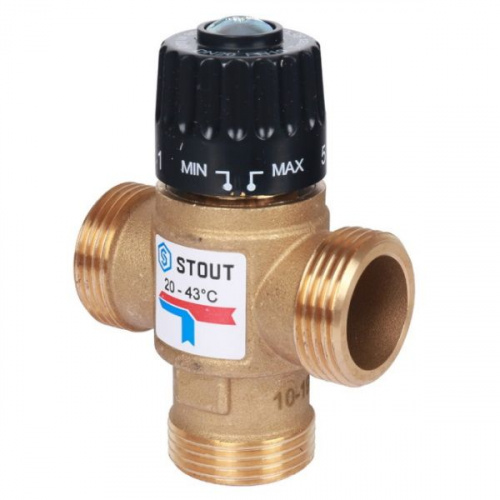 термостатический смесительный клапан для отопления и гвс stout 3/4" нр 20-43°с kv 1,6