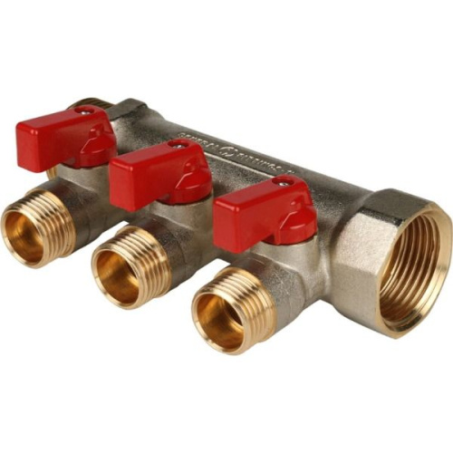 коллектор распределительный stout с кранами 1" 3 отвода 1/2" красные ручки